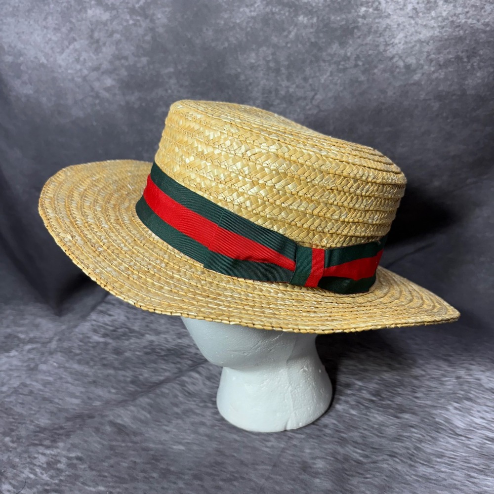 Zakira London Handmade Straw Boater Hat Green Red Striped Ribbon Bow Size L